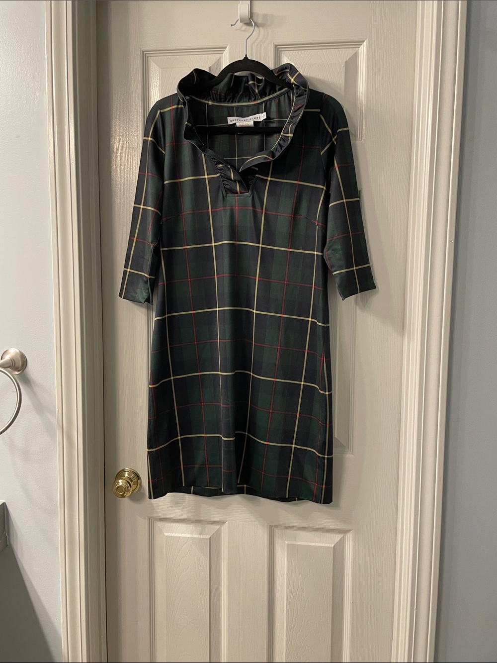 Gretchen Scott Designs Dark Green Plaid Ruffle Collar Midi Dress